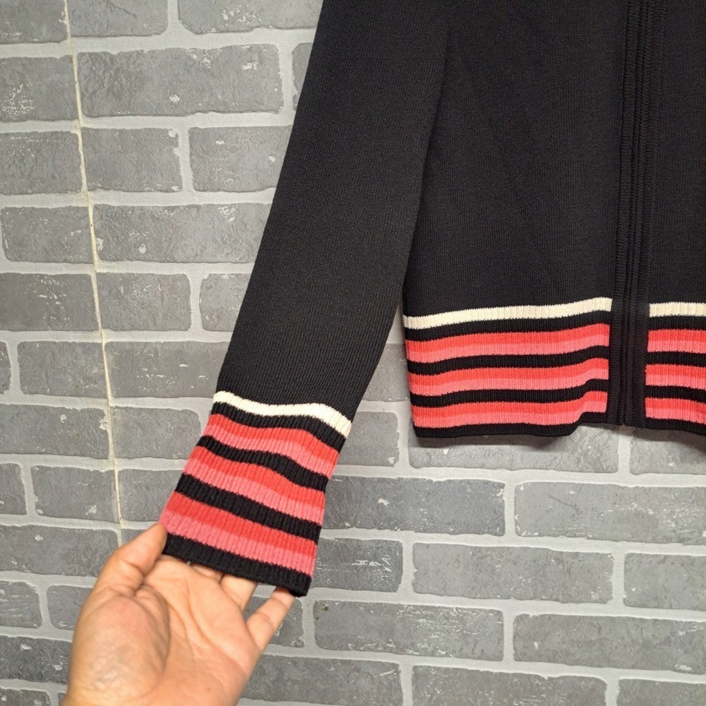 ST.John Womens Full Zip Sweater Black Pink Striped Mock Neck Knit Size P - Picture 2 of 9